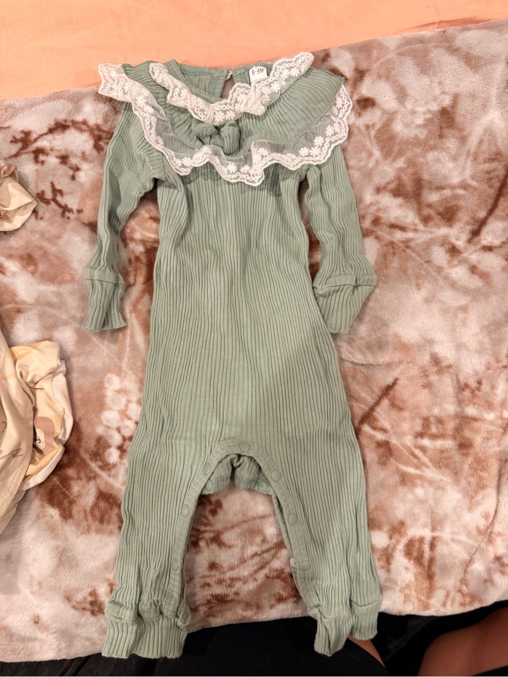 SHEIN Sage Green Ribbed Lace-Trim Footie Pajamas
